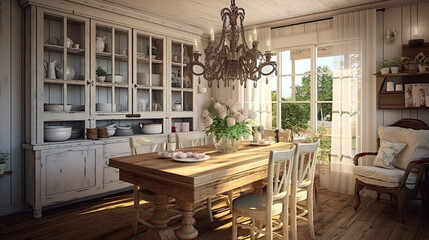 Obraz na płótnie Canvas Interior design inspiration of Farmhouse Shabby Chic style home dining room loveliness decorated with Wood and Lace material and Chandelier .Generative AI home interior design