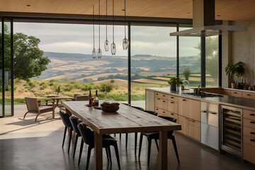 An open kitchen with floor-to-ceiling windows overlooking a picturesque vineyard. The vineyard's...