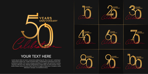 set of anniversary logotype gold color and red handwriting for special celebration event
