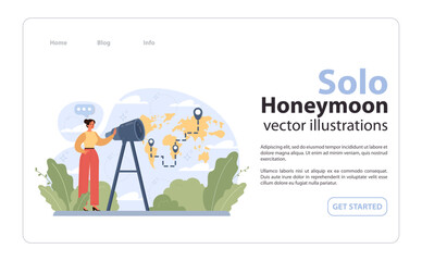 Solo travel, honeymoon web banner or landing page. Female character