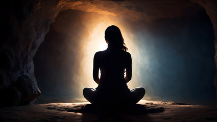 Silhouette of a woman meditating, sitting in the cave. Manifesting good life. 