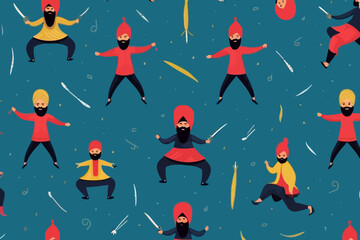 Sikh martial arts quirky doodle pattern, wallpaper, background, cartoon, vector, whimsical Illustration