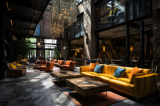 A trendy and vibrant city hotel lobby with exposed brick walls, industrial lighting, contemporary artwork, and a bustling bar area. The design captures an urban chic vibe for guests and visitors.