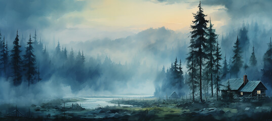 Watercolors of house in the misty  forest