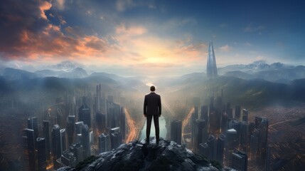 A Businessperson at the Top of the World - obrazy, fototapety, plakaty