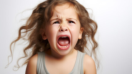 Cute little child is crying on a white background. Сlose-up portrait of a crying baby
