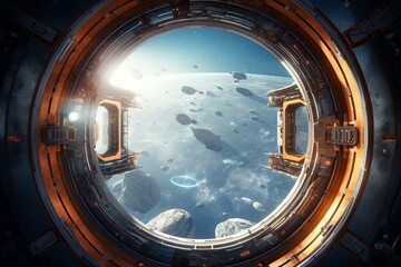Realistic science fiction art depicting a space station porthole and endless space. Generative AI - obrazy, fototapety, plakaty
