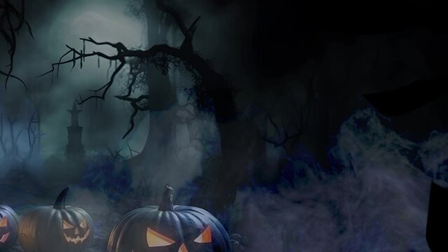 Halloween cemetery lite by a full moon at midnight video with flying spooky bats and Halloween Jack-o-Lanterns (AI generated mages)