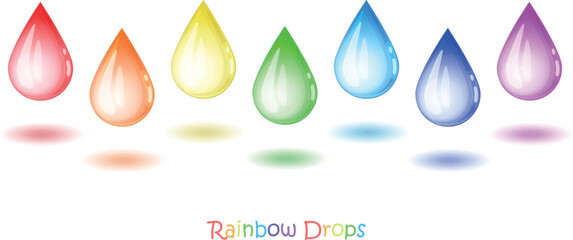 Rainbow water drops illustration isolated on white background. Seven multicolored separated drops icons set. Design collection of abstract rain droplets clip art