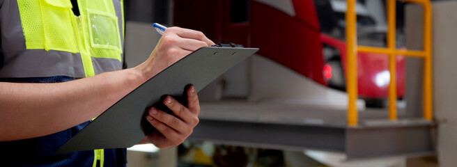 Closeup hands of engineer man or worker checking electric train for planning maintenance and writing document on clipboard in station, transport and infrastructure, inspector check service transport.