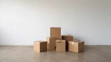 Used cardboard boxes on the floor in empty room. Concept of moving, packing, and unpacking. Copy space.