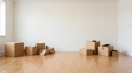 Cardboard boxes on a wooden floor in empty apartment with lots of light. Concept of moving, packing and unpacking. Copy space.