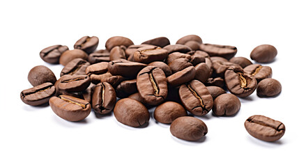 Fototapeta premium Roasted coffee beans in a placer, a lot of beans lies and levitates, isolated, on a white background