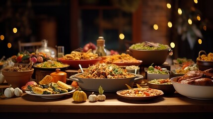 A Thanksgiving Scene with a Mix of Cultural Dishes