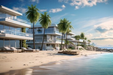 Contemporary Beachside Residence with Multi-Level Balconies, Crystal-Clear Sliding Doors, Lush Gardens, and Relaxing Loungers Facing Serene Ocean Waves