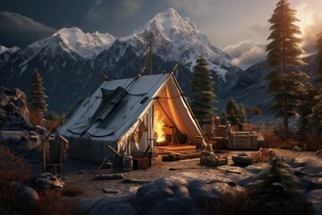 Mountain Valley Glamping Retreat Under Clear Skies, Featuring Spacious Tents, Campfire Smoke, Rustic Furnishings, and Snow-Capped Peaks in The Distance. - obrazy, fototapety, plakaty