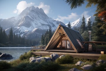Calm Alpine Oasis: Modern A-Frame Glamping Cabin Nestled by Tranquil Lake, Set Against Grandiose Snowy Mountains and Lush Evergreen Forest