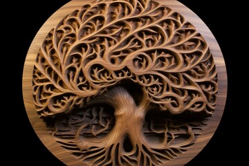 Artistic depiction of intricate patterns resembling a swirling brain, carved onto wood. Generative AI
