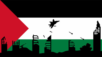 Palestinian conflict vector illustration. Background of Palestine flag with destroyed city and aerial bombing. Landscape illustration of war for social issues, news or conflict
