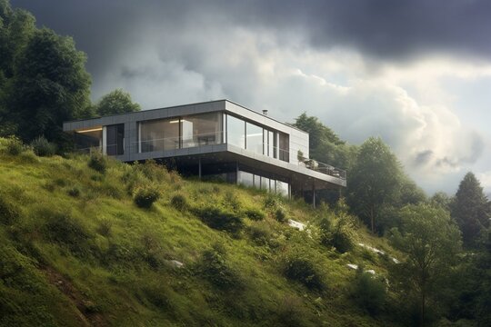 Hillside house with cloudy skies. Generative AI