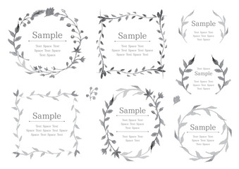 水彩風の植物の飾りの付いた様々な形のグレー系のフレームセット