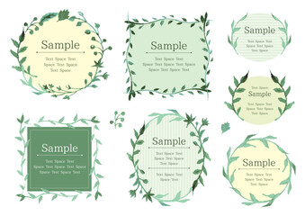 水彩風の植物の飾りの付いた様々な形の緑系のフレームセット