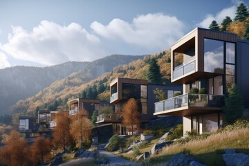 Fototapeta na wymiar Stunning Modern Homes Nestled Amidst Autumn Foliage with Expansive Mountain Backdrop and Soft Clouds