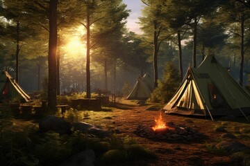 Sunrise Woodland Campsite at Dawn: Sunlight Streaming through Tall Trees, Illuminating Tents and a Warm Campfire