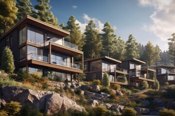 Fototapeta na wymiar Multi-Level Structures Amid Lush Greens and Rocky Outcrops, Embracing Nature's Harmony with Contemporary Design
