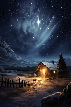 An artful depiction portrays the Star of Bethlehem illuminating a snowy, tranquil landscape, casting its divine glow over a humble barn in the quiet night. (AR 2:3)