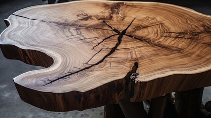 Close-Up View of Live Edge Wooden Coffee Table, Detailed Natural Wood Grain Texture in Home Interior