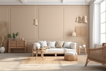 Farmhouse room with wall mockup and wooden/rattan furniture in beige living room. 3D render. Generative AI