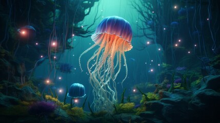 Fototapeta na wymiar Illustrate a Surreal Underwater World Where Jellyfish