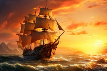 Obraz premium Historic pirate ship sailing in open waters, with a sunset backdrop casting golden hues