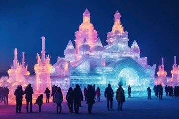 Foto op Canvas  Intricate ice sculptures at the Harbin festival, frozen art illuminated in colors © Bijac