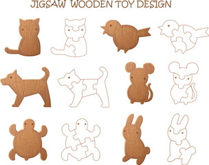 Animal wooden puzzle design. Vector graphic jigsaw pieces in a shape of cat, dog, bird, rabbit, mouse, turtle. Outline puzzle template