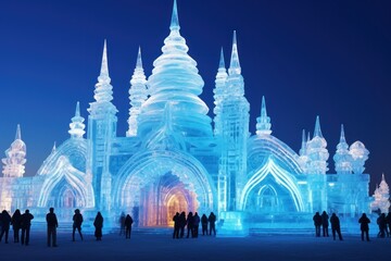 Intricate ice sculptures in Harbin, China, illuminated in the winter festival.