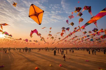 Raamstickers Kite festival in Gujarat, India, the sky awash with colors and designs © Bijac