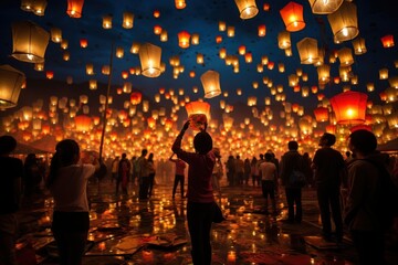 Lantern festival in Taiwan, wishes glowing and rising into the night - obrazy, fototapety, plakaty