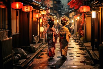 Lantern-lit alleys of ancient Kyoto, geishas gracefully making their way