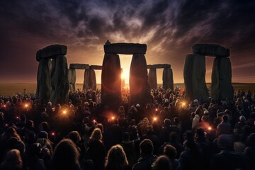 Mystical Stonehenge solstice, druids celebrating amid the ancient monoliths