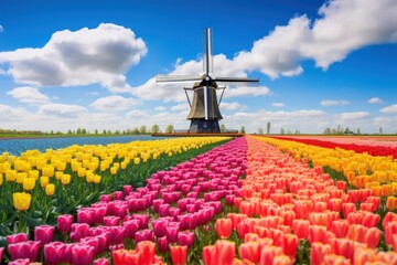 Picturesque Dutch tulip fields, windmills turning gently amidst colorful blooms