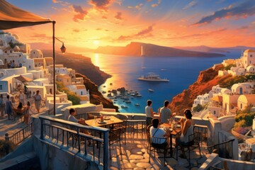 Fototapeta premium Picturesque Santorini sunset, with couples watching from white-washed terraces