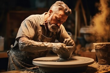 Professional potter sculpting clay on wheel, craftsmanship and artistry theme