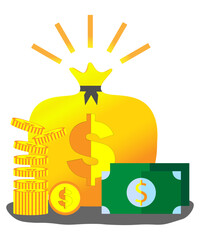 Financial illustrations in the form of money bags, coins and cash