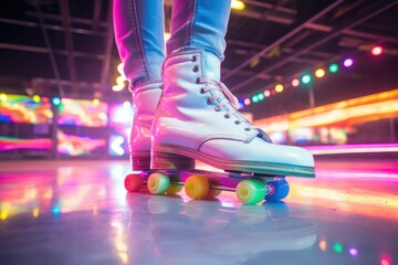 Retro 1980s roller skating rink, disco lights, and funky fashion vibes.