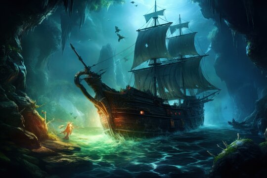 Mysterious Bermuda Triangle, pirates and adventurers navigating unknown waters.