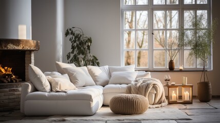 Hygge-Style Scandinavian Home Interior with Knitted Pouf, Soft Blanket, and Terra Cotta Pillows, Cozy Comfort in Modern Living