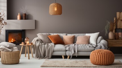 Hygge-Style Scandinavian Home Interior with Knitted Pouf, Soft Blanket, and Terra Cotta Pillows, Cozy Comfort in Modern Living