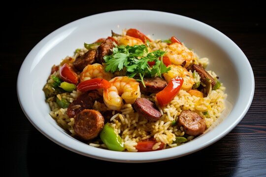 A flavorful rice dish with sausage, shrimp, and vegetables. Generative AI
